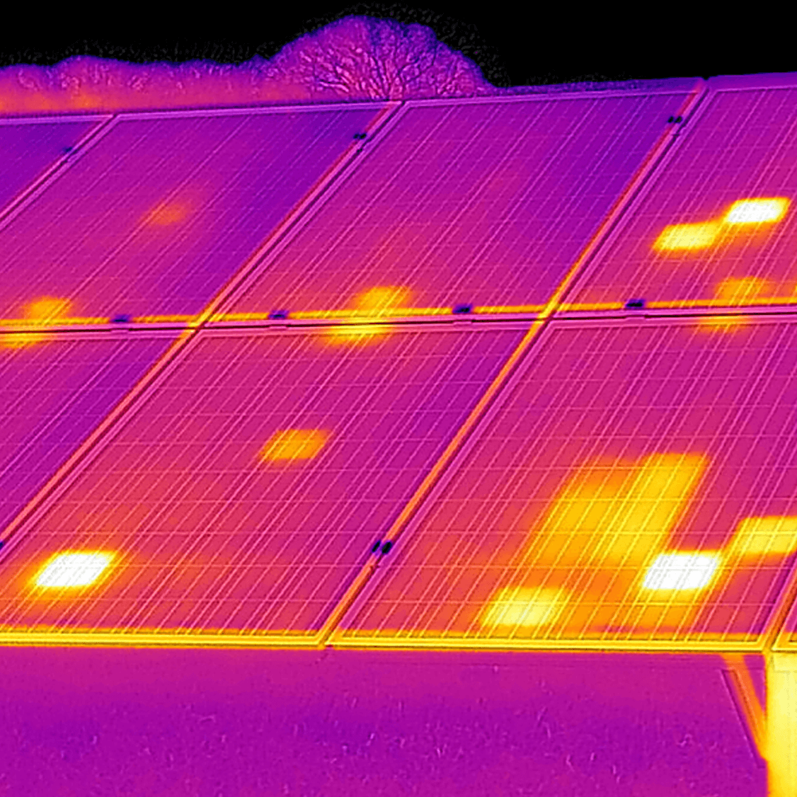 Thermal image of solar panels highlighting hot spots